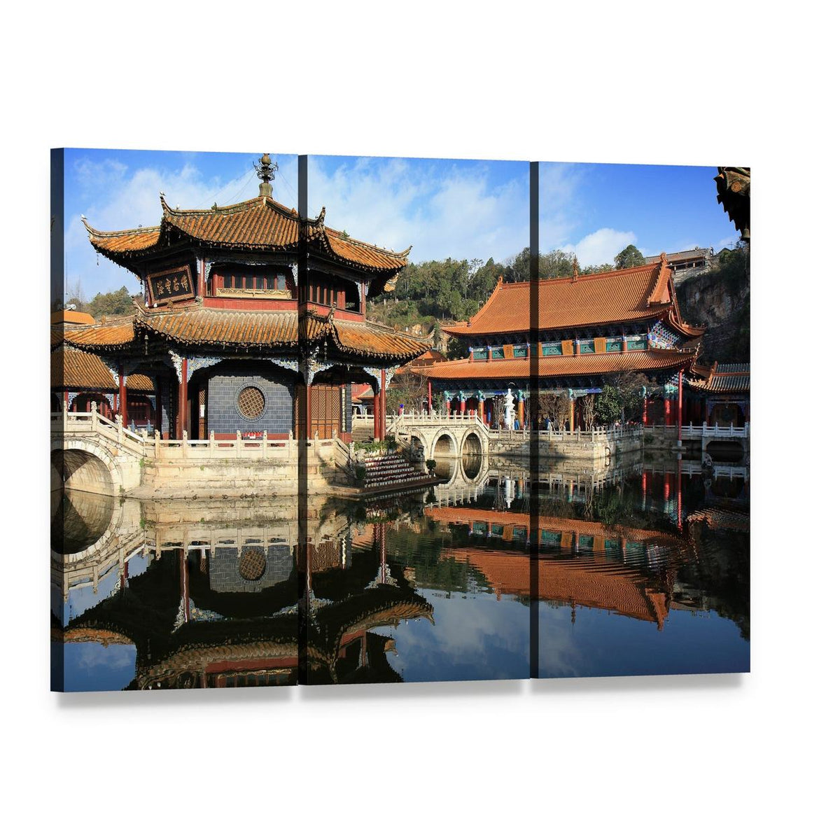 Traditional Chinese Temple by Calm Water Canvas Wall Art, 3 panel 3 Horizontal layout gallery wrapped canvas set, angled product view