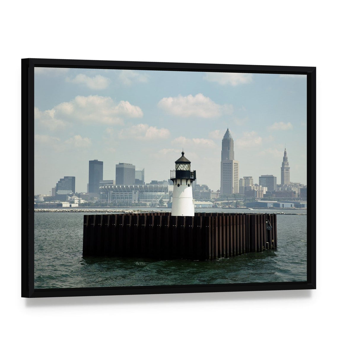 Lighthouse on Lake Canvas Wall Art, framed canvas in a black floater frame, angled product view