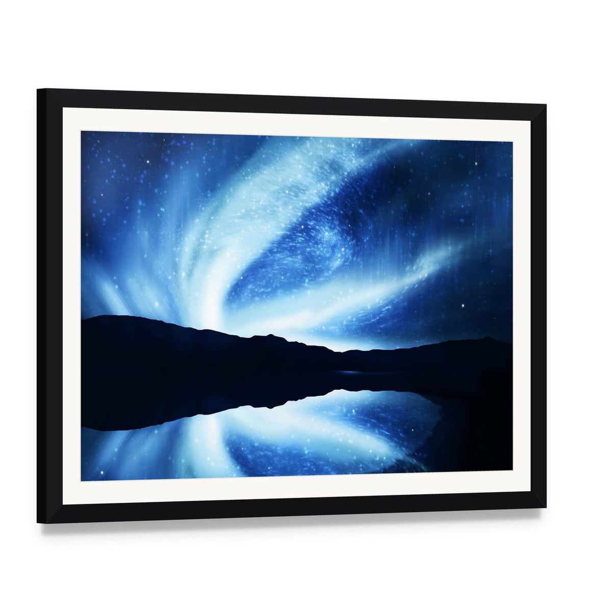 Northern Lights Aurora Canvas Wall Art, framed print with white mat and black frame, angled product view