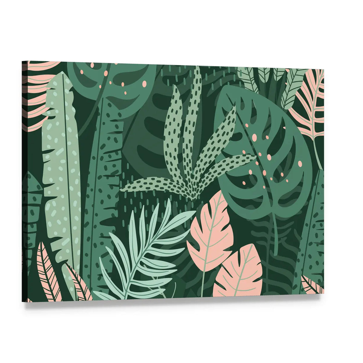 Stylized Tropical Leaves Pattern Canvas Wall Art, single panel gallery wrapped canvas, angled product view