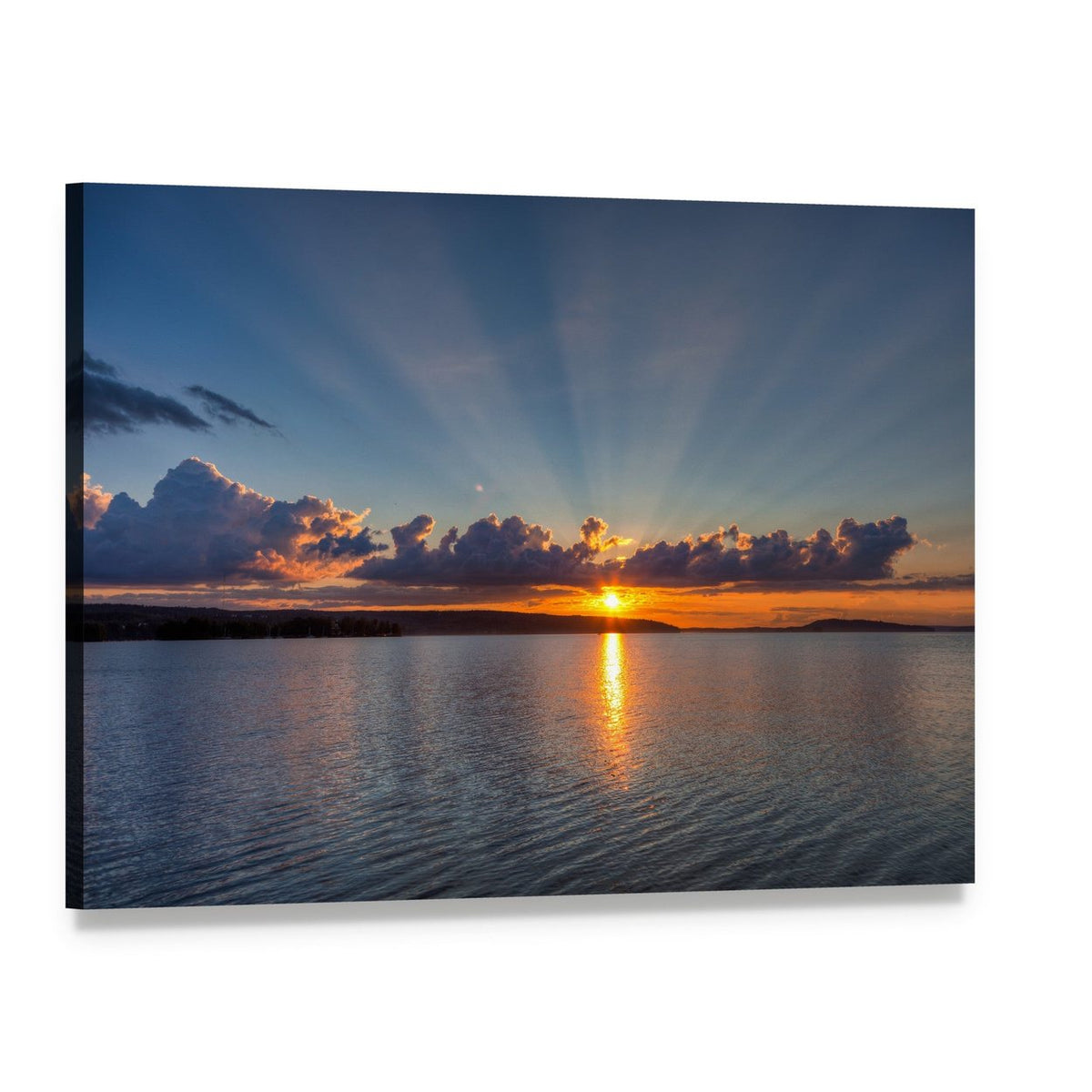 Sunset Over Lake Canvas Wall Art, single panel gallery wrapped canvas, angled product view
