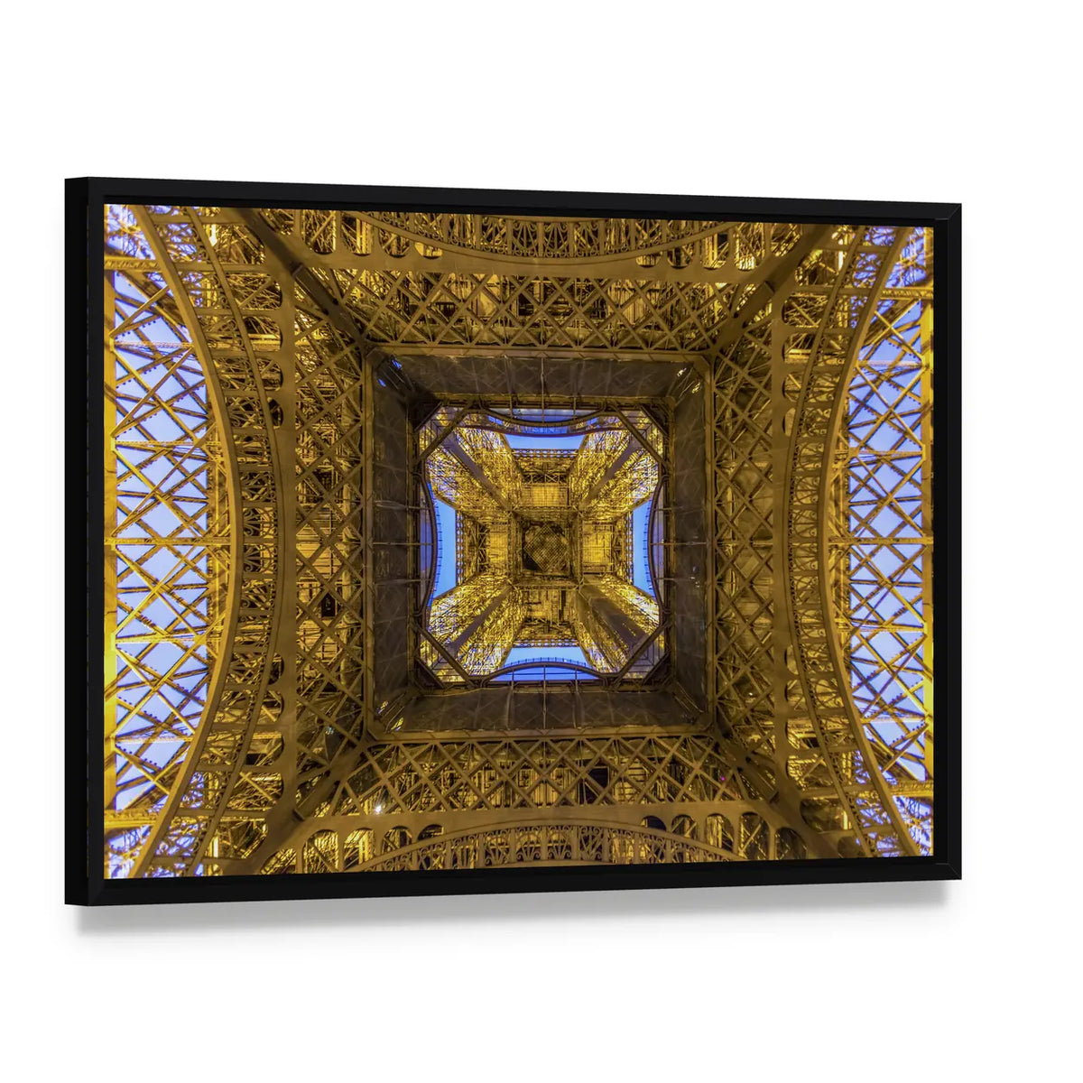 Internal Structure of the Eiffel Tower, Paris Canvas Wall Art, framed canvas in a black floater frame, angled product view