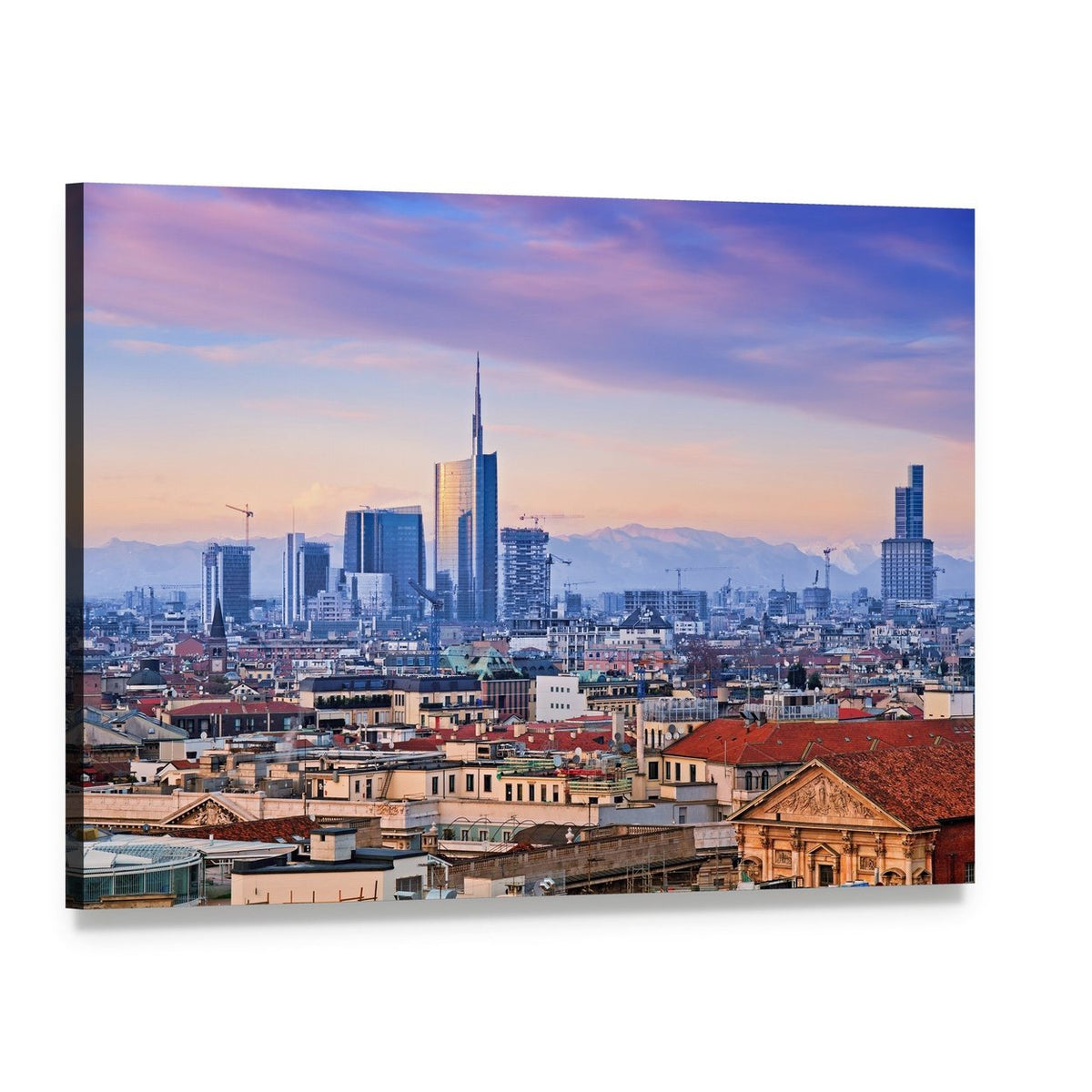 Twilight Urban Skyline with Red-tiled Roofs Canvas Wall Art, single panel gallery wrapped canvas, angled product view