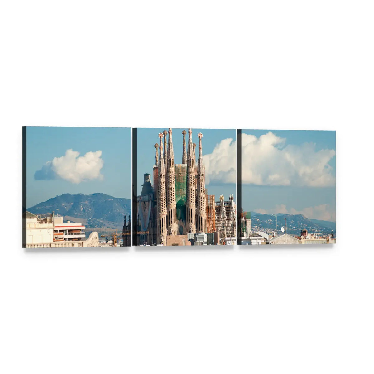 La Sagrada Família Basilica, Barcelona Panoramic Canvas Wall Art, 3 panel 3 Piece layout gallery wrapped canvas set, angled product view