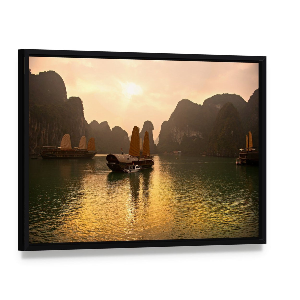 Ha Long Bay Sunset View Canvas Wall Art, framed canvas in a black floater frame, angled product view