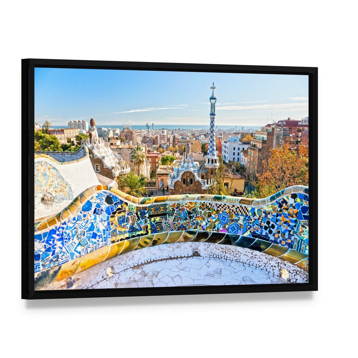 Vibrant Mosaic at Park Guell Canvas Wall Art, framed canvas in a black floater frame, angled product view