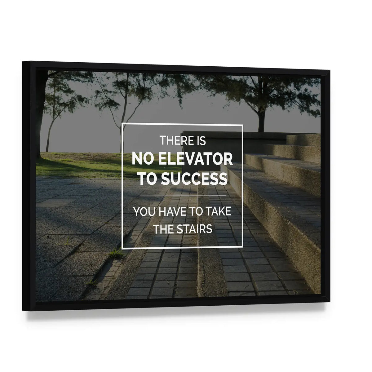 There Is No Elevator to Success Quote Canvas Wall Art, framed canvas in a black floater frame, angled product view