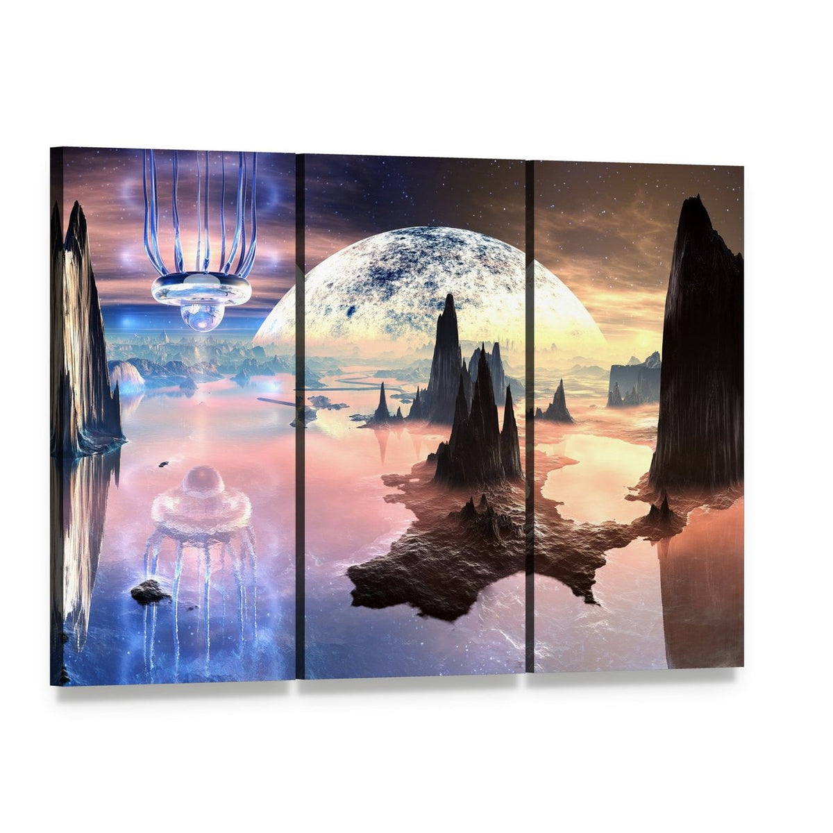 Alien Creature on Distant Planet Canvas Wall Art, 3 panel 3 Horizontal layout gallery wrapped canvas set, angled product view