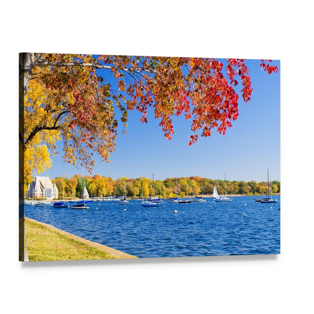Autumn Lakeshore with Sailboats Canvas Wall Art, single panel gallery wrapped canvas, angled product view