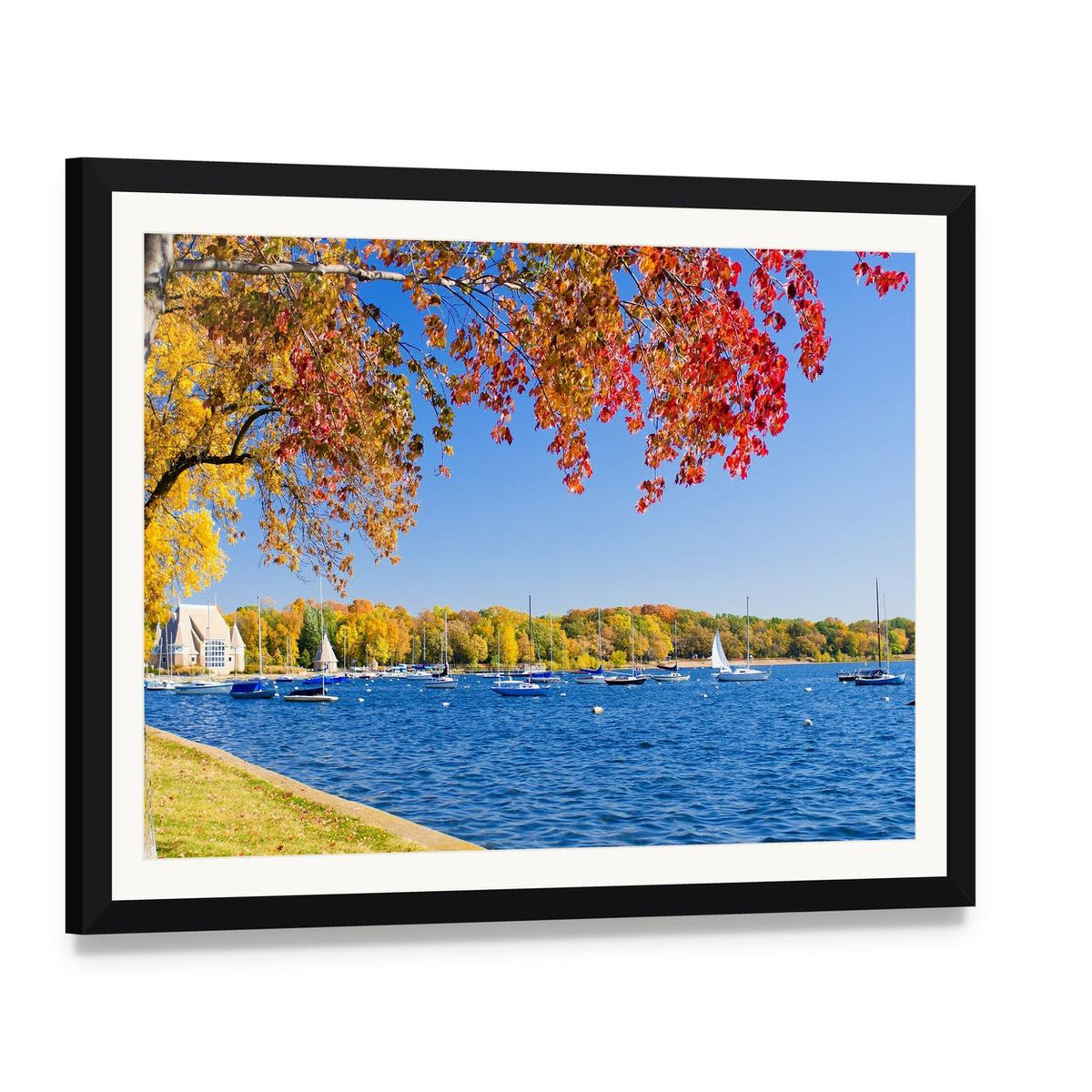 Autumn Lakeshore with Sailboats Canvas Wall Art, framed print with white mat and black frame, angled product view