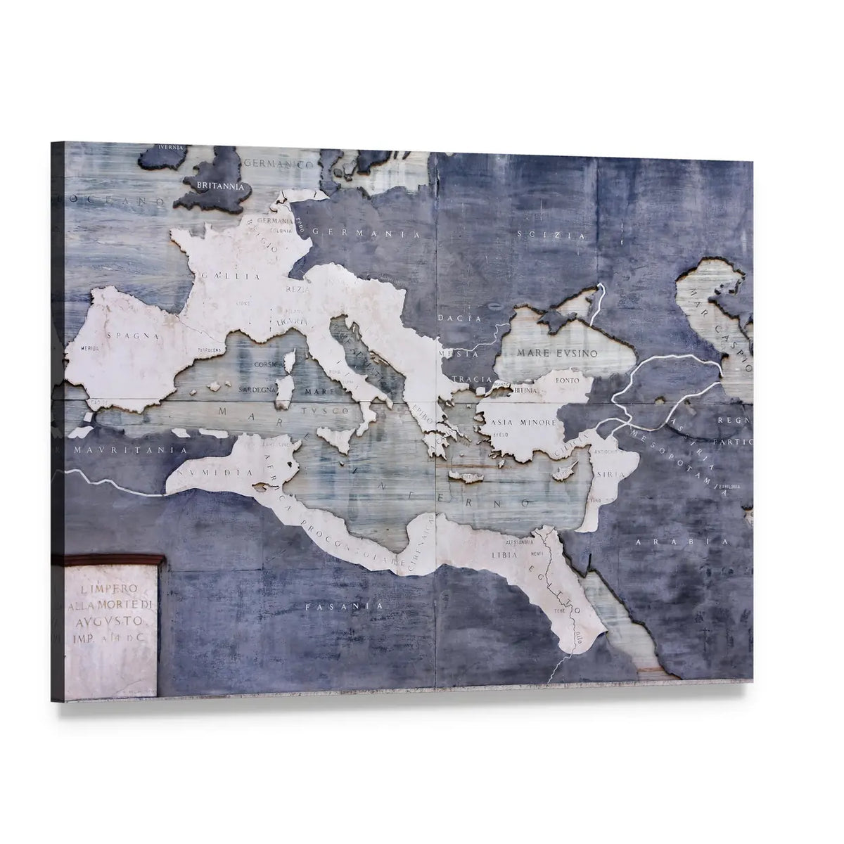 Roman Empire Map on Distressed Wood Canvas Wall Art, single panel gallery wrapped canvas, angled product view