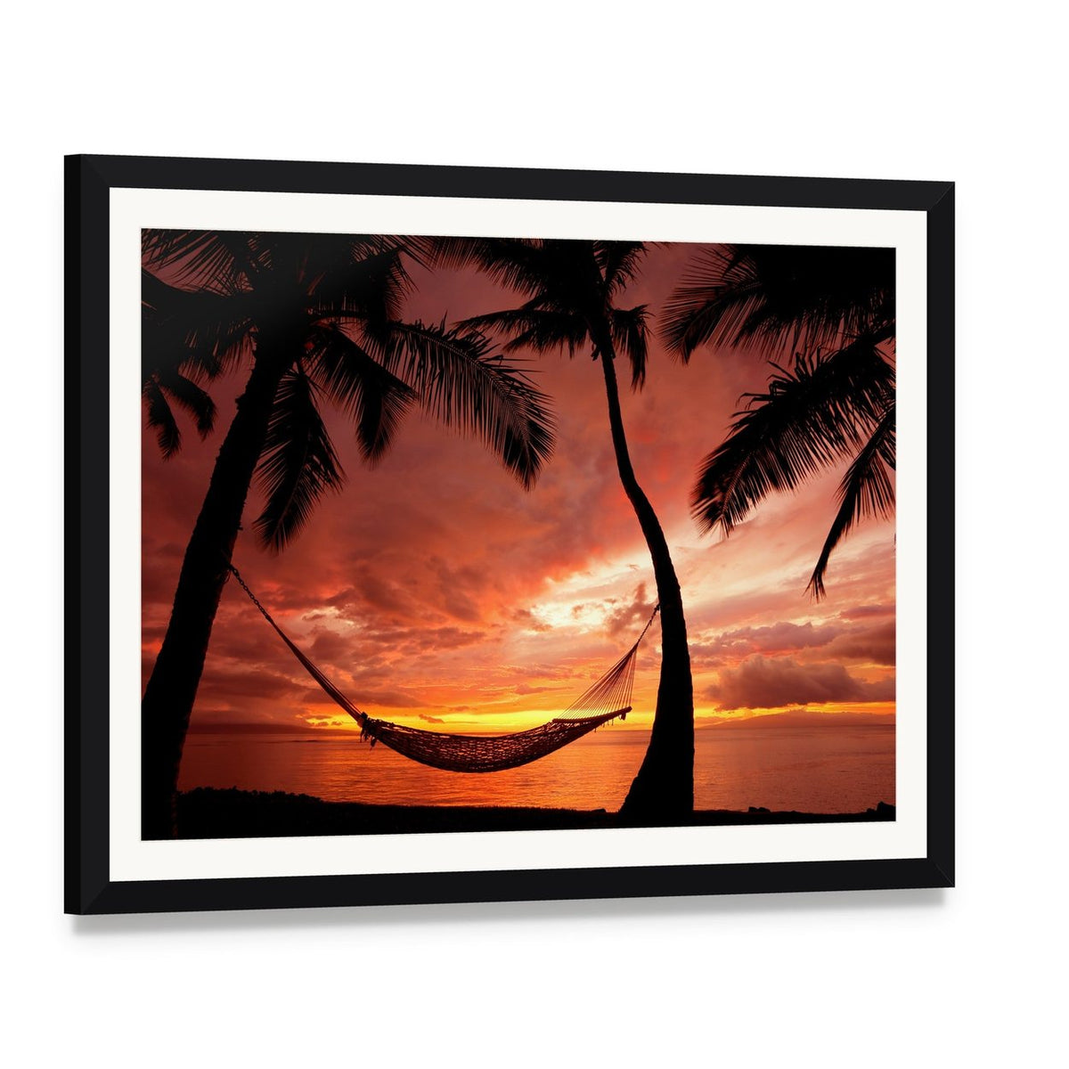Serene Sunset with Silhouetted Palm Trees Canvas Wall Art, framed print with white mat and black frame, angled product view