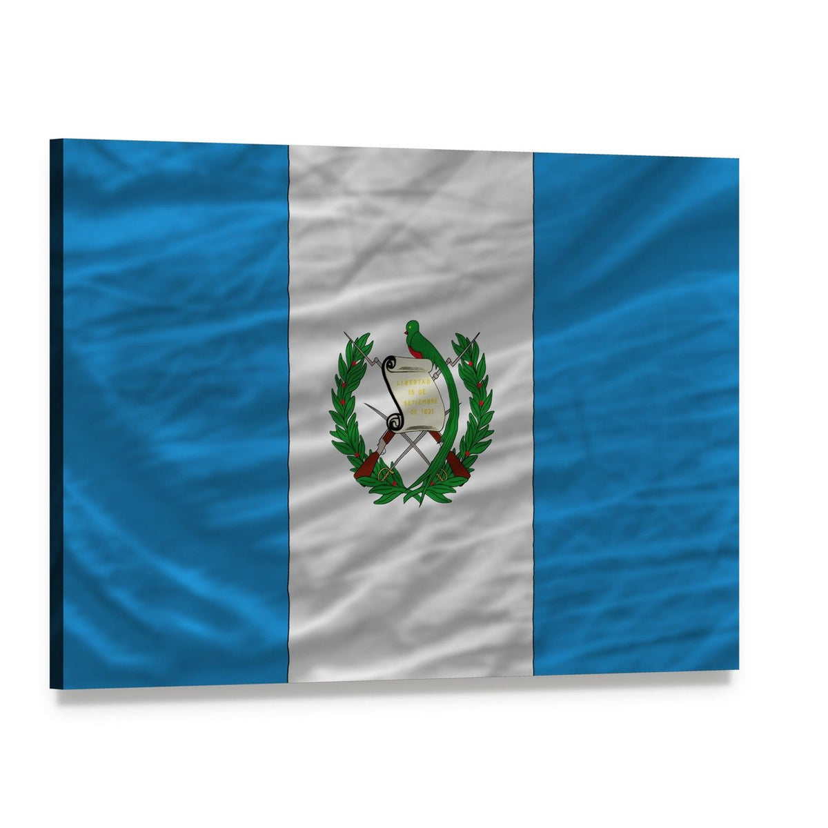 Guatemala Flag with Coat of Arms Canvas Wall Art, single panel gallery wrapped canvas, angled product view