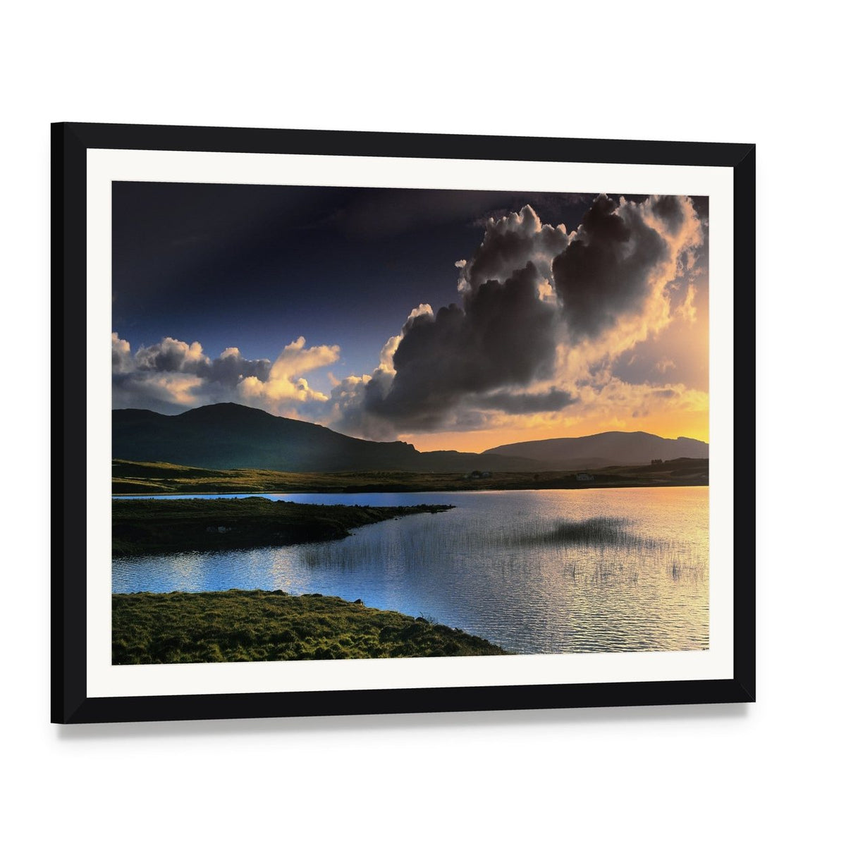 Isle of Skye Sunset Over Mountains and Lake Canvas Wall Art, framed print with white mat and black frame, angled product view