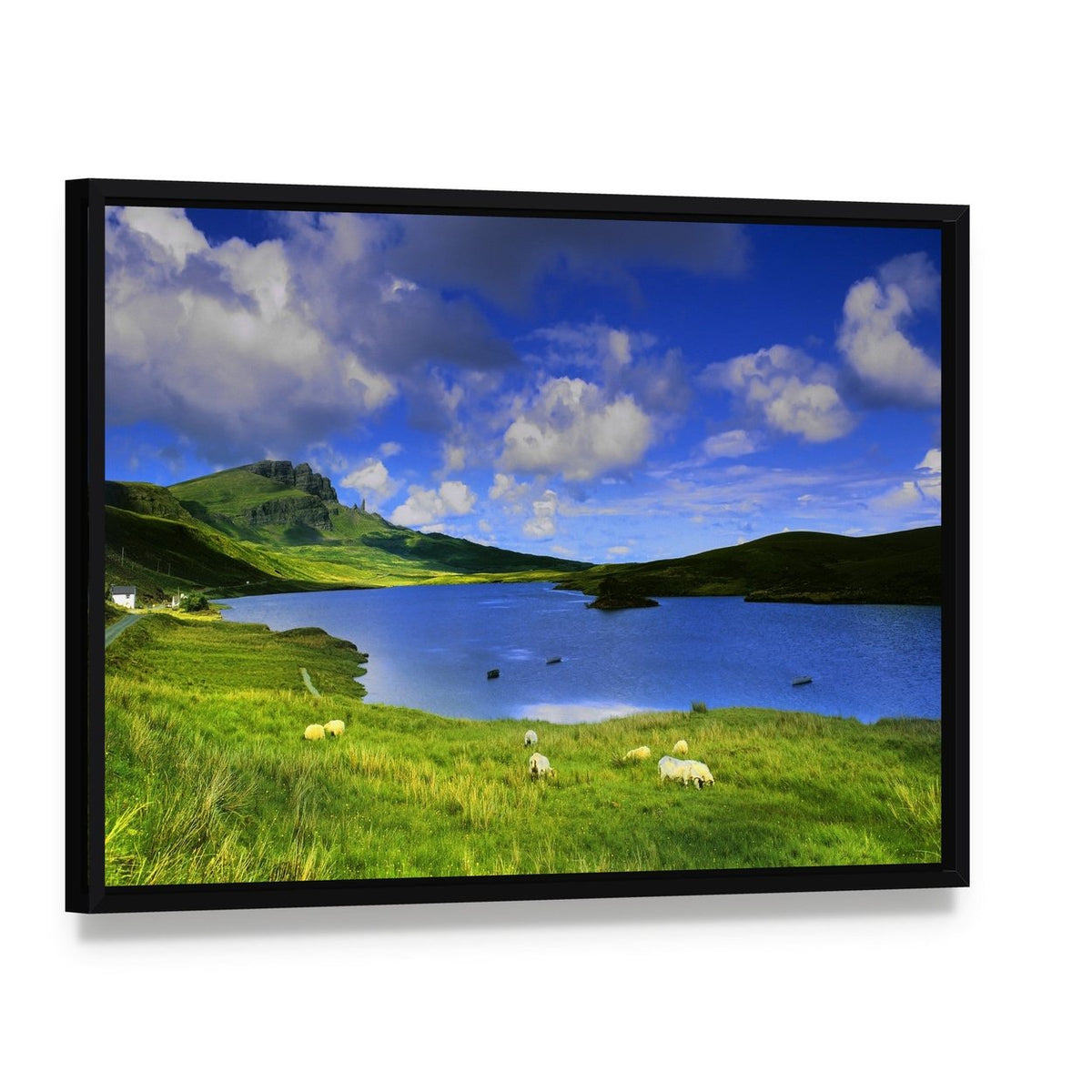 Isle of Skye Lake with Grazing Sheep Canvas Wall Art, framed canvas in a black floater frame, angled product view