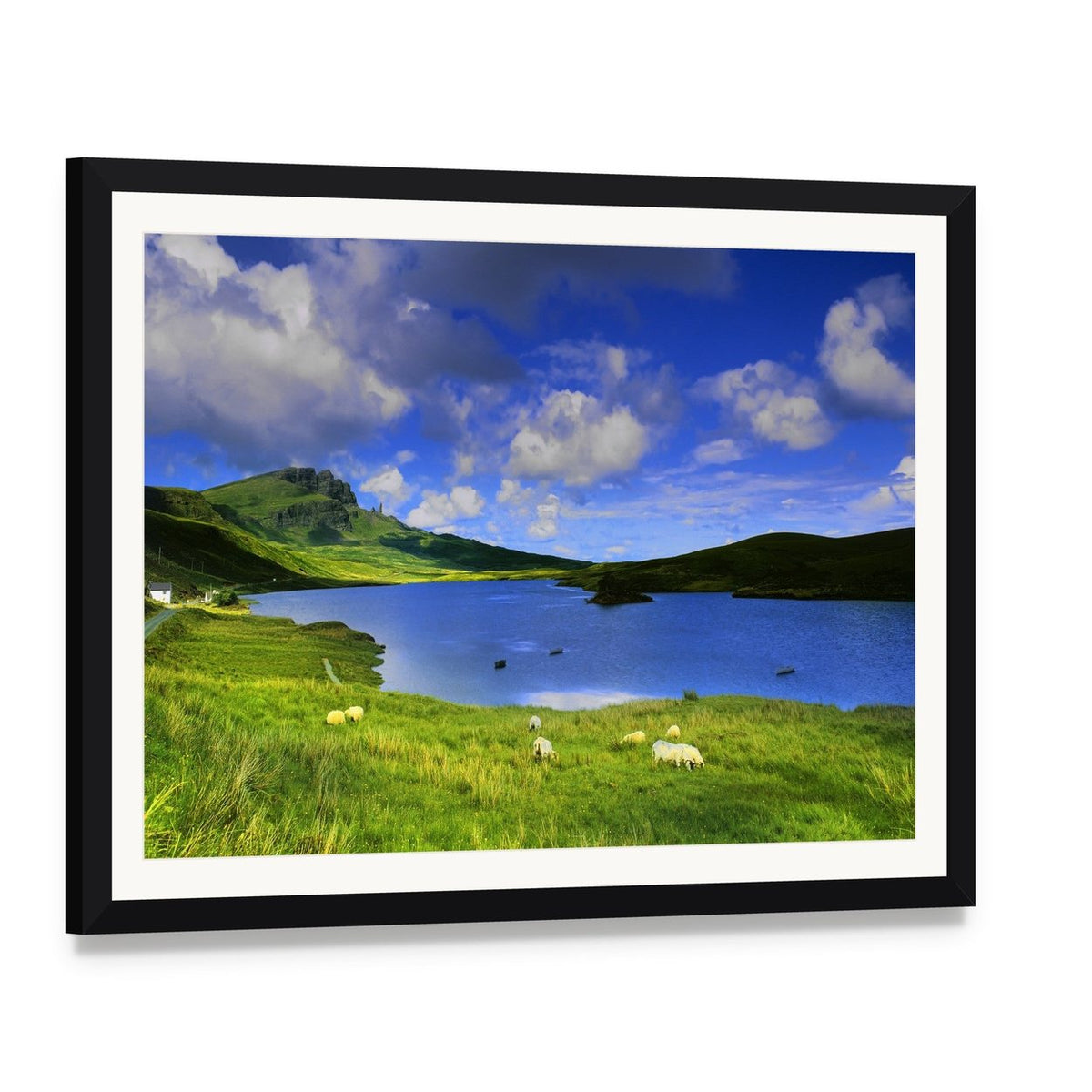 Isle of Skye Lake with Grazing Sheep Canvas Wall Art, framed print with white mat and black frame, angled product view