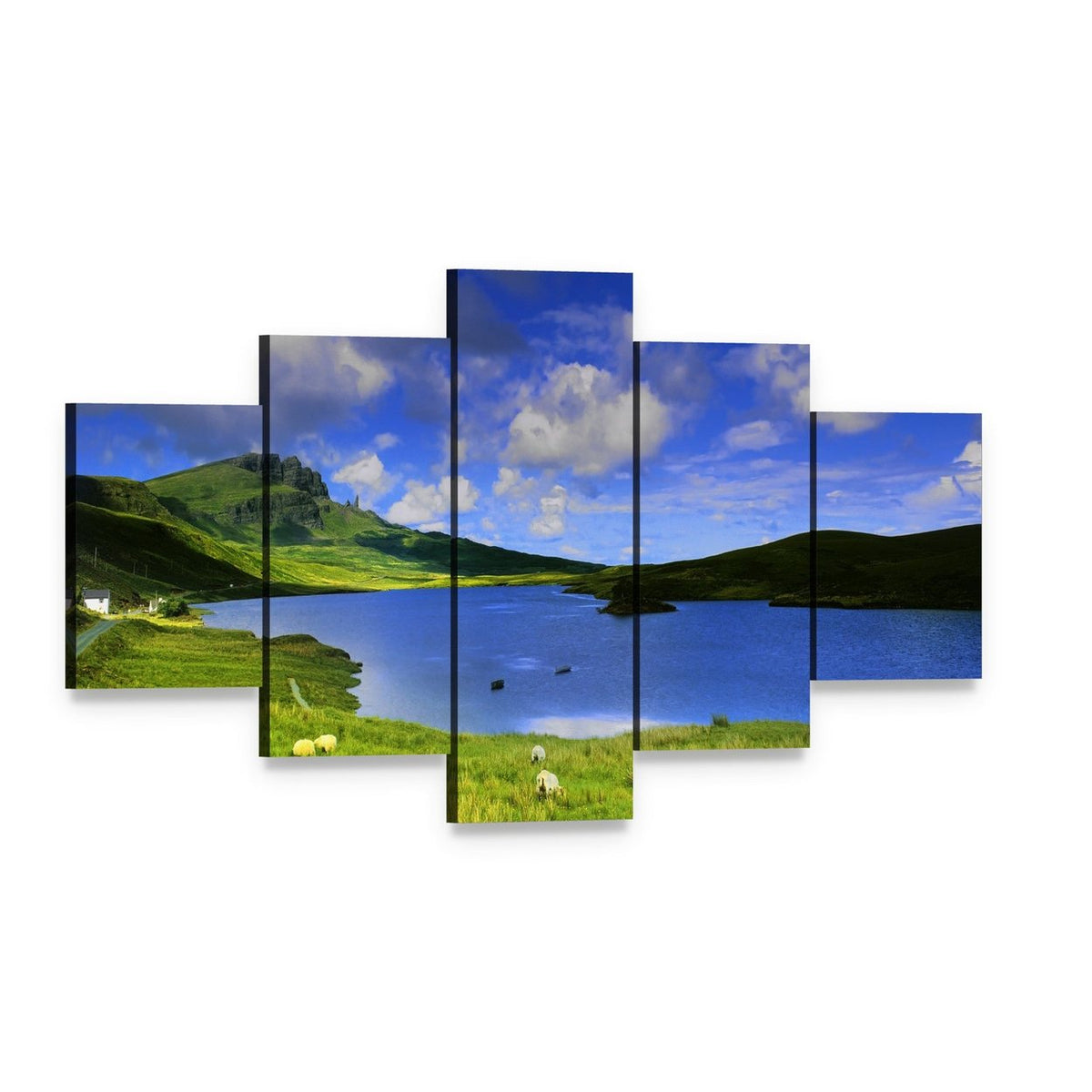 Isle of Skye Lake with Grazing Sheep Canvas Wall Art, 5 panel 5 Star layout gallery wrapped canvas set, angled product view
