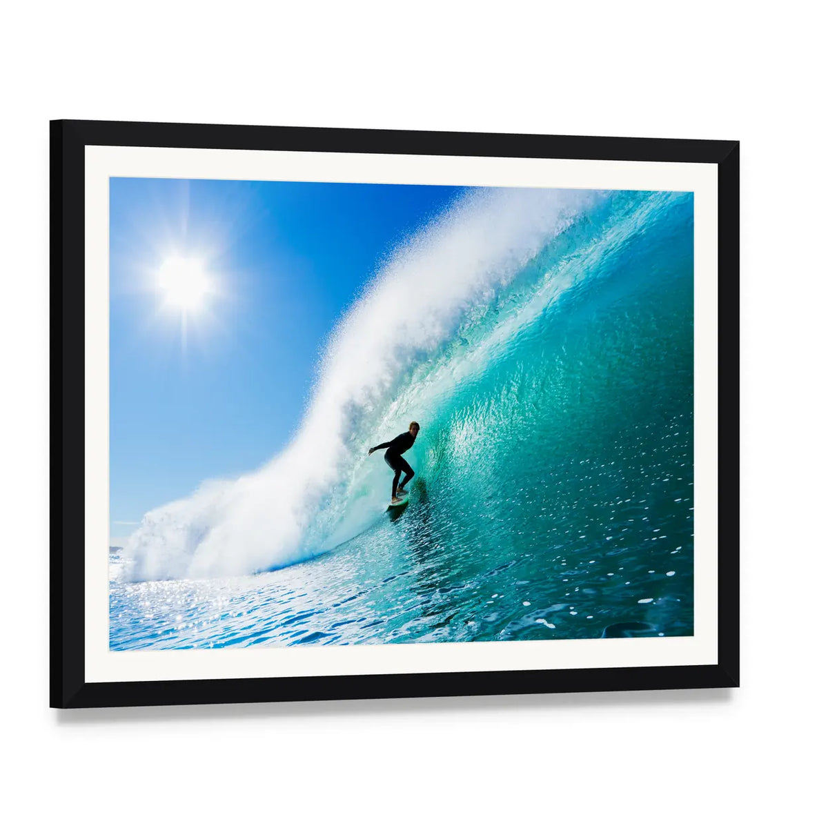 Surfer in Turquoise Barrel Wave Canvas Wall Art, framed print with white mat and black frame, angled product view