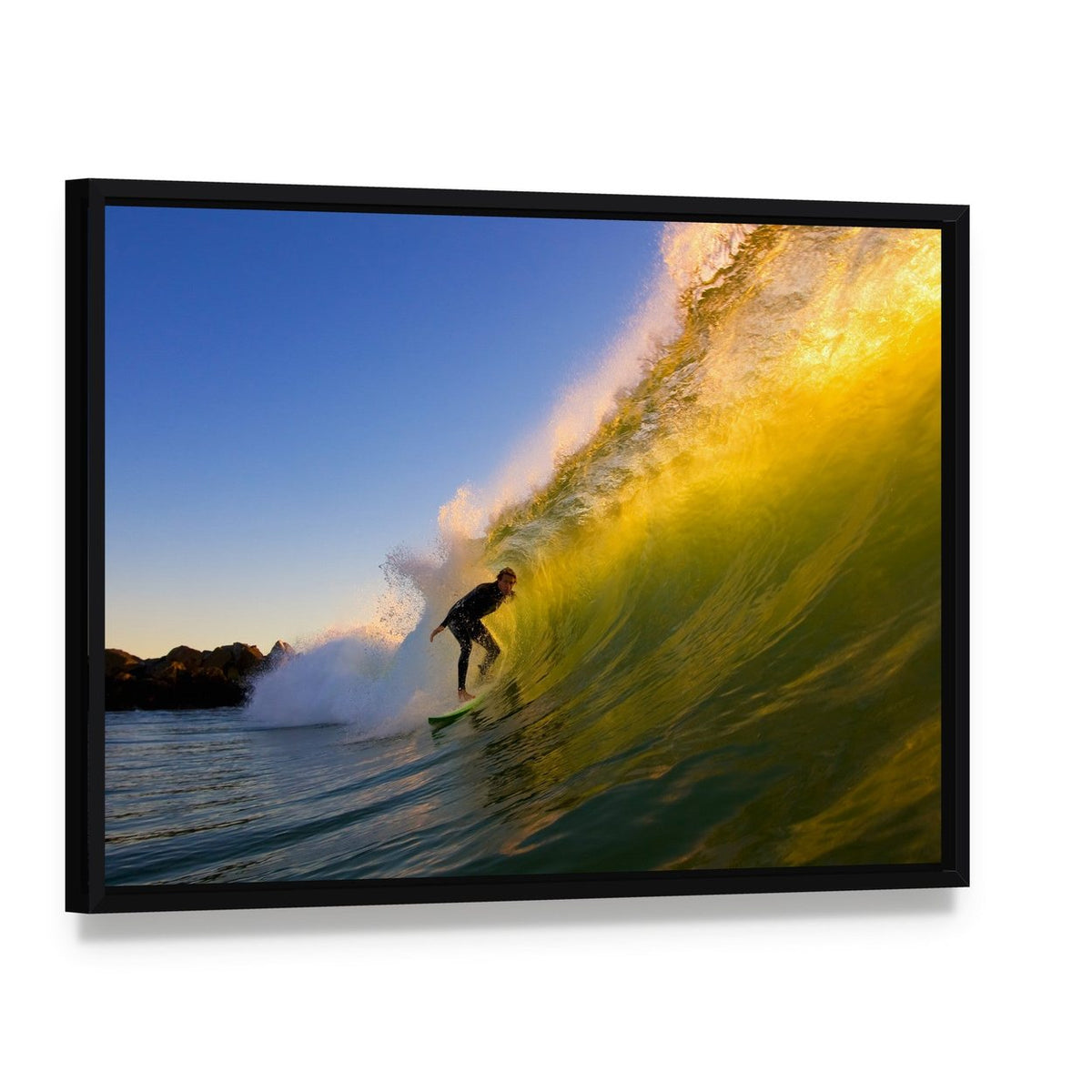 Surfer at Sunset Canvas Wall Art, framed canvas in a black floater frame, angled product view
