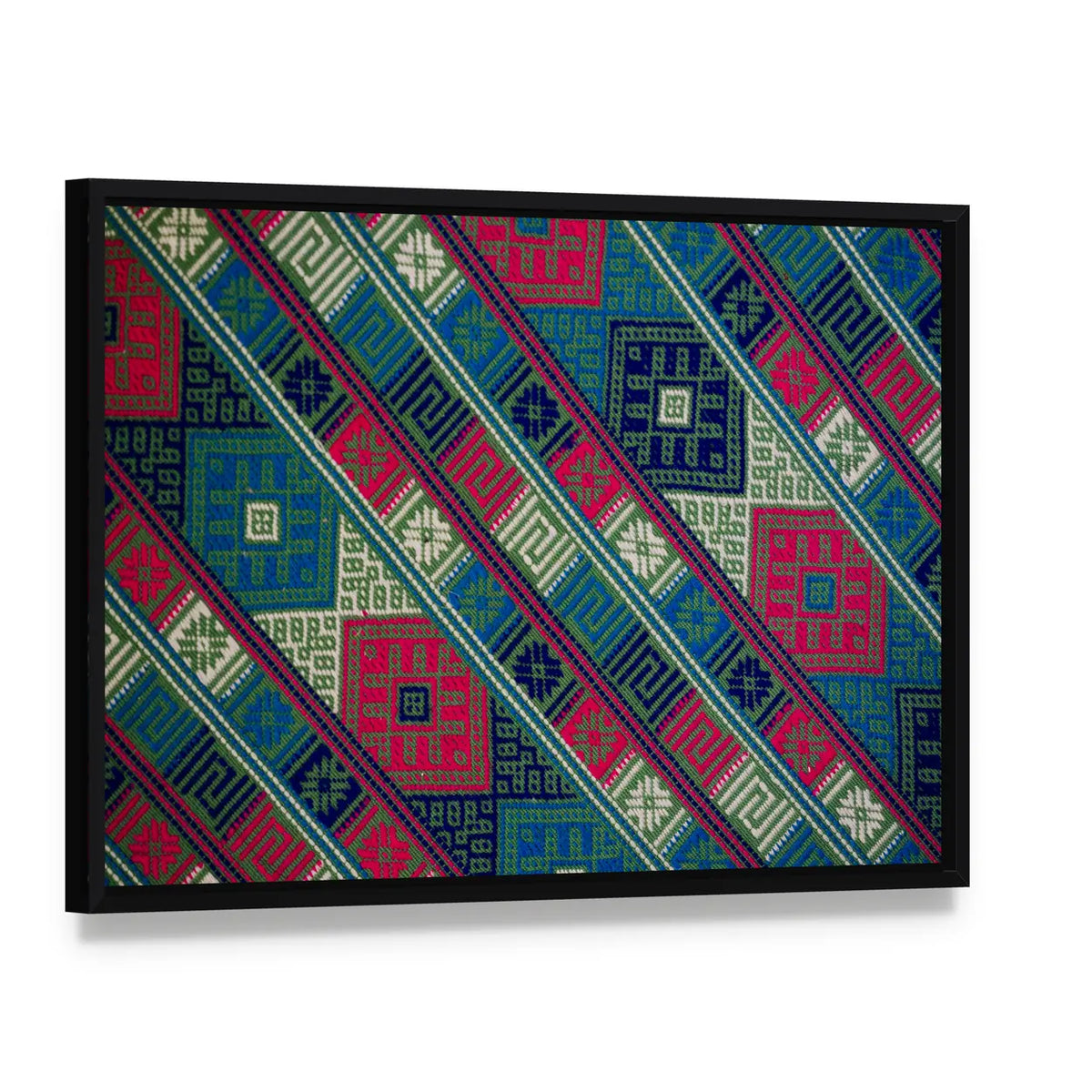 Bhutan Handwoven Textile Texture Canvas Wall Art, framed canvas in a black floater frame, angled product view