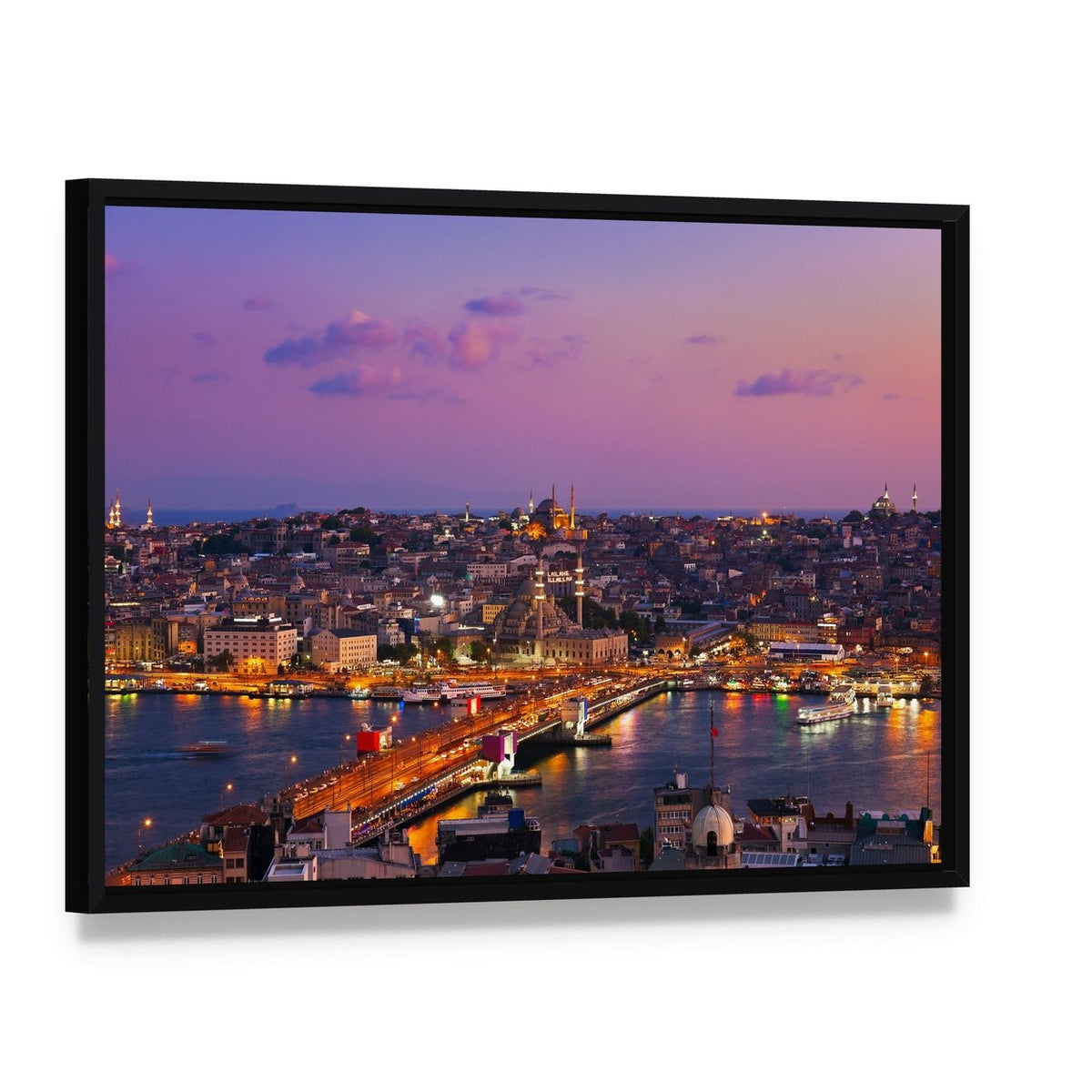 Istanbul at Night Canvas Wall Art, framed canvas in a black floater frame, angled product view