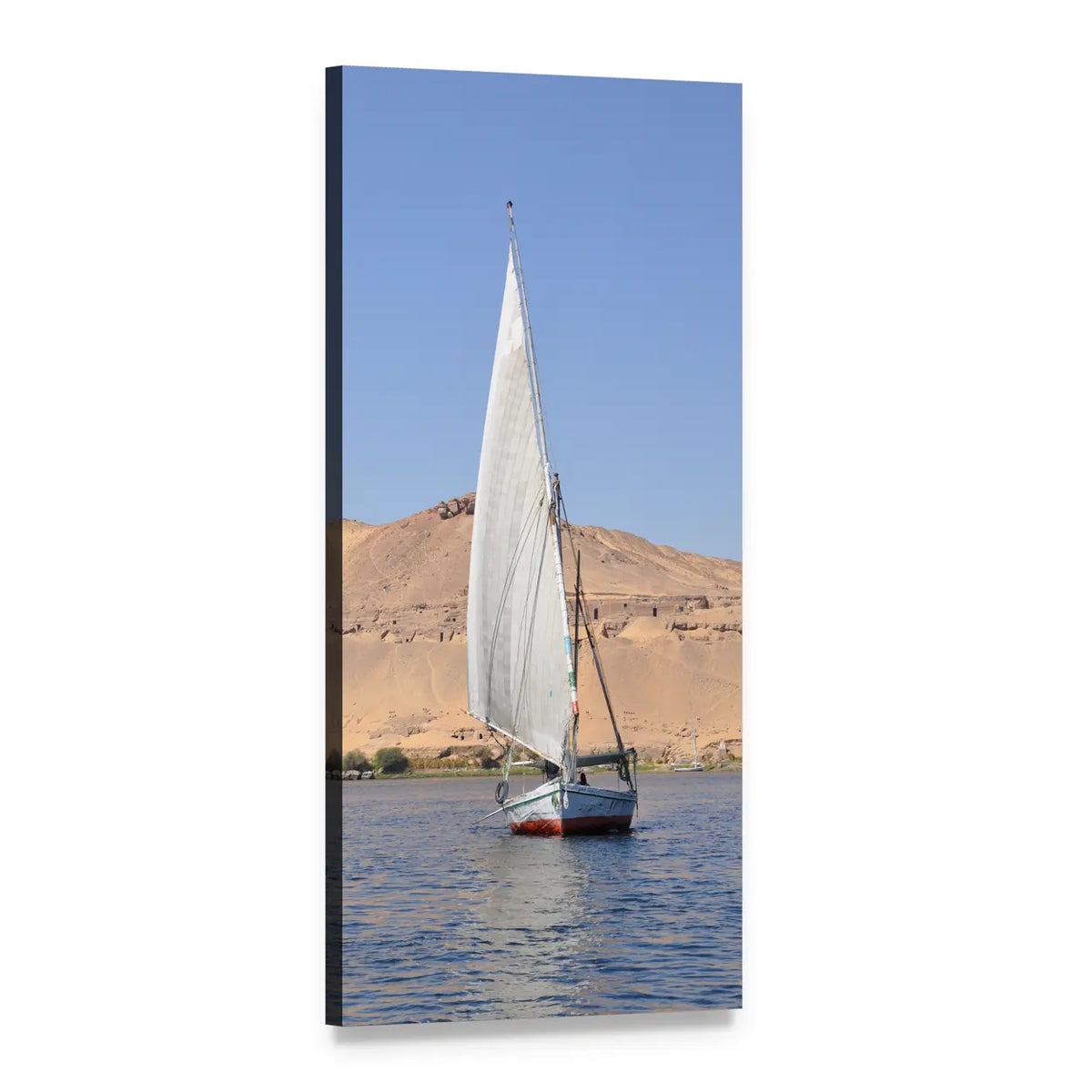 Felucca on the Nile River Vertical Canvas Wall Art, 1 panel 1 Vertical layout gallery wrapped canvas set, angled product view