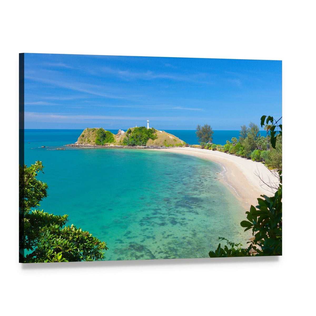 Tropical Beach with White Lighthouse Canvas Wall Art, single panel gallery wrapped canvas, angled product view