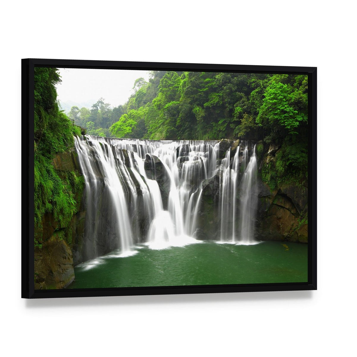 Waterfalls in Shifen Taiwan Canvas Wall Art, framed canvas in a black floater frame, angled product view