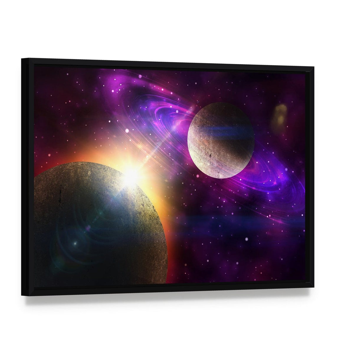 Planet with Ring and Stars Canvas Wall Art, framed canvas in a black floater frame, angled product view