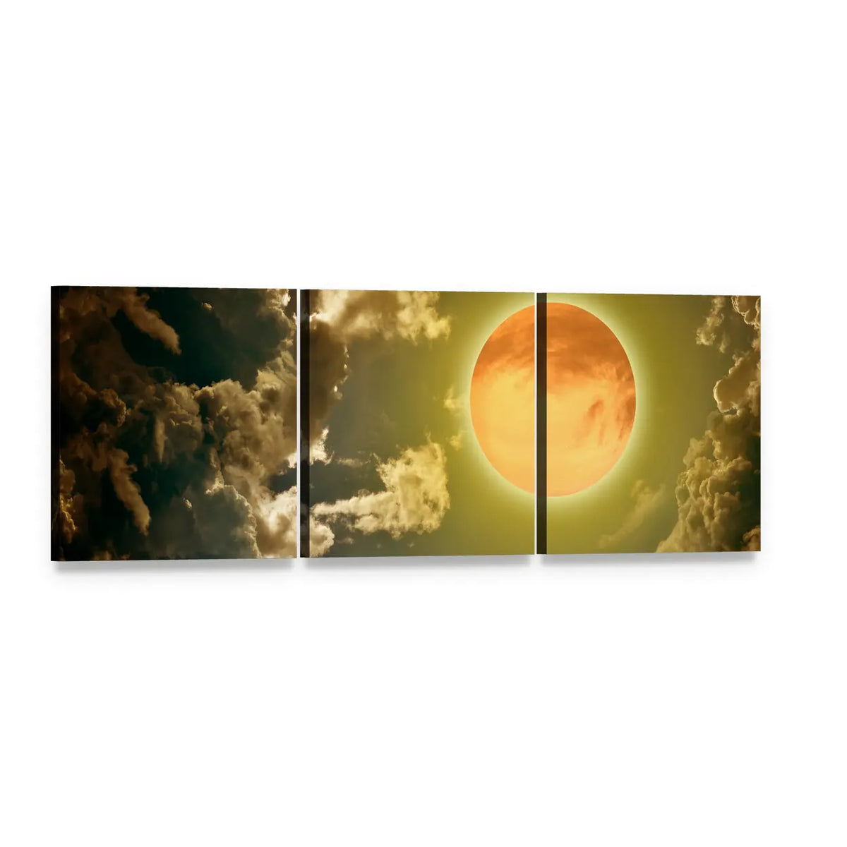 Moon in Dark Clouds Panoramic Canvas Wall Art, 3 panel 3 Piece layout gallery wrapped canvas set, angled product view