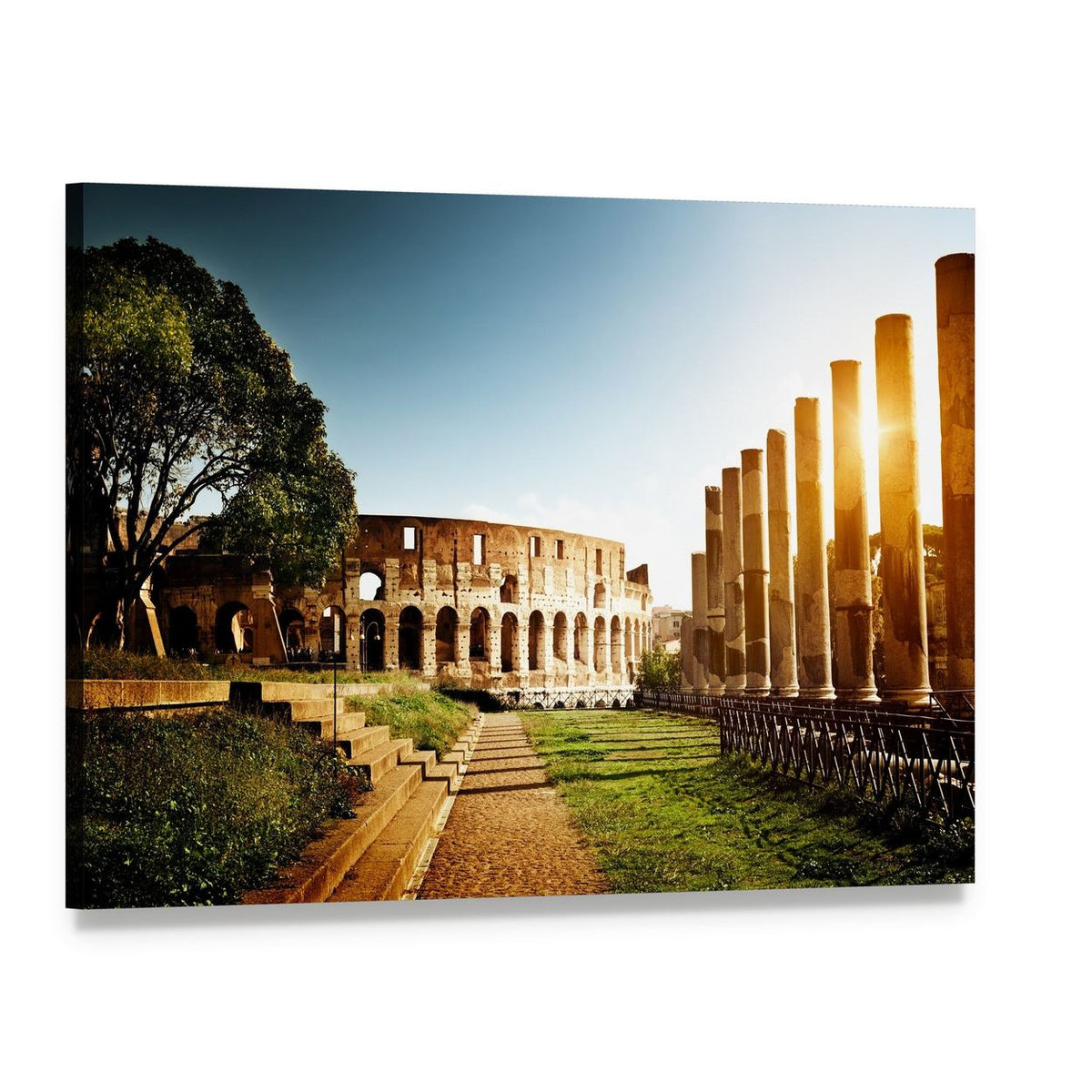 Colosseum Under Golden Light Canvas Wall Art, single panel gallery wrapped canvas, angled product view