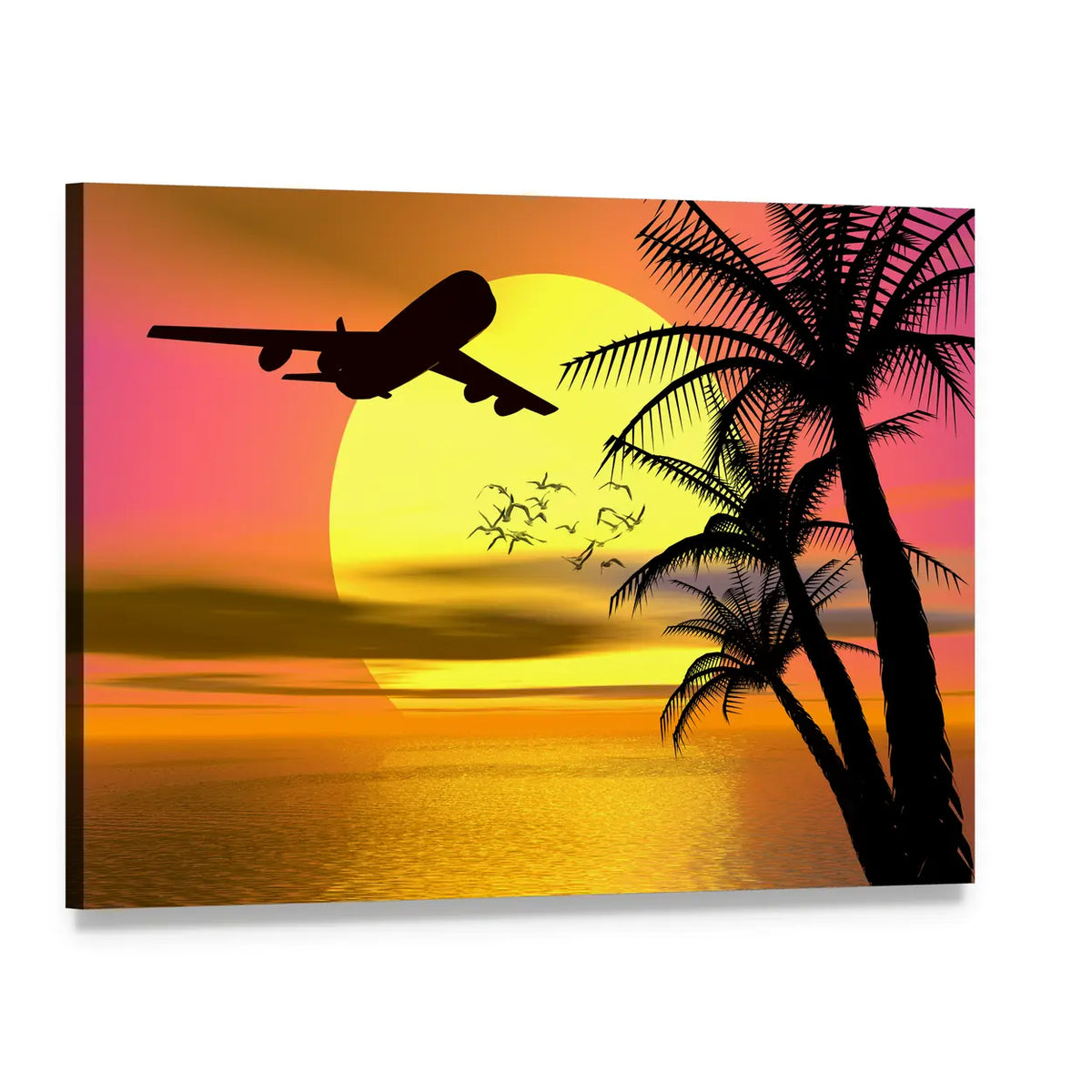 Airplane Over Tropical Sunset Canvas Wall Art, single panel gallery wrapped canvas, angled product view