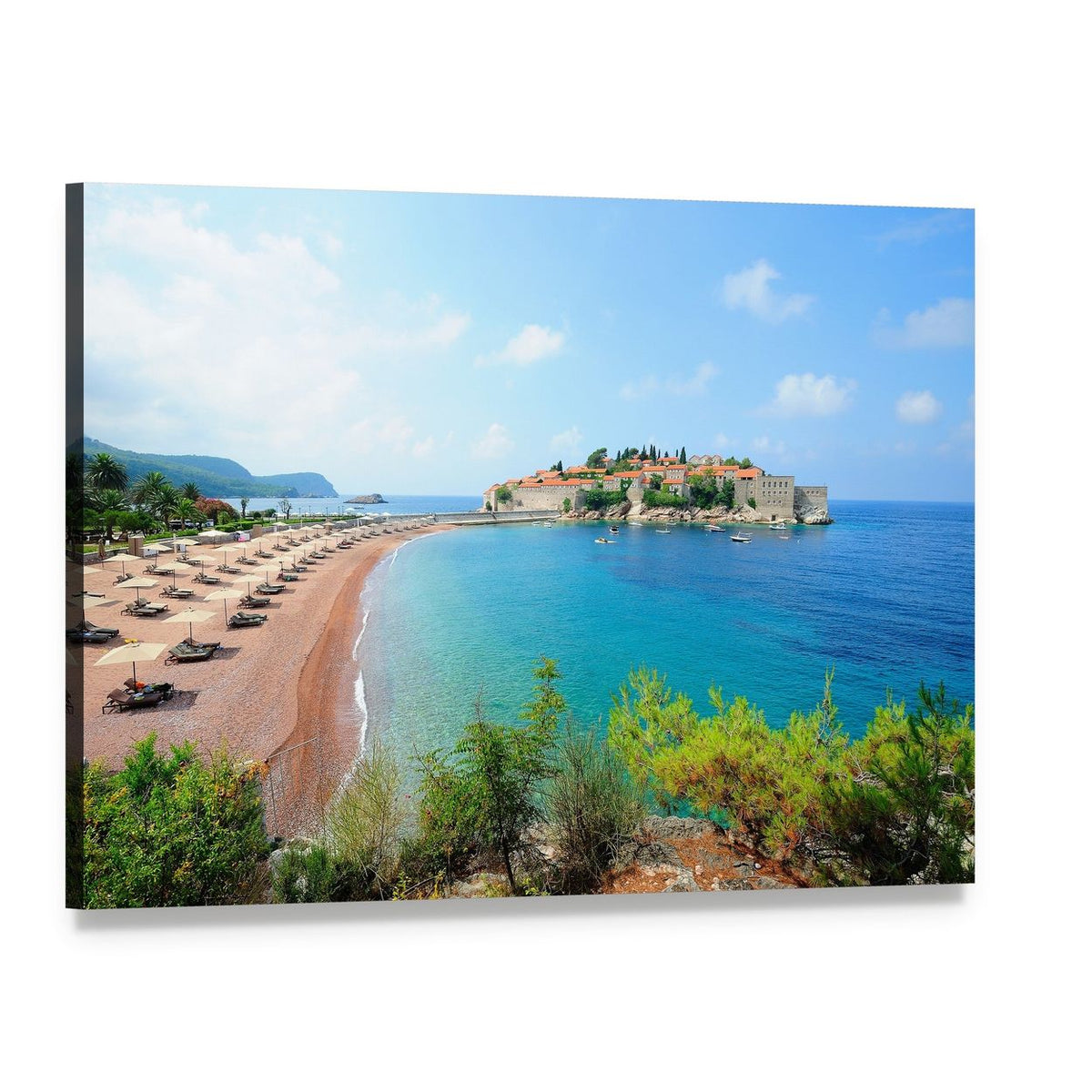 Sveti Stefan Island Village Canvas Wall Art, single panel gallery wrapped canvas, angled product view