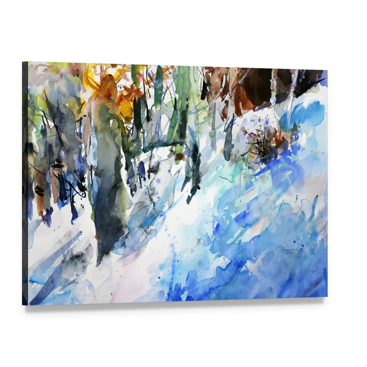 Watercolor Winter Forest Canvas Wall Art, single panel gallery wrapped canvas, angled product view