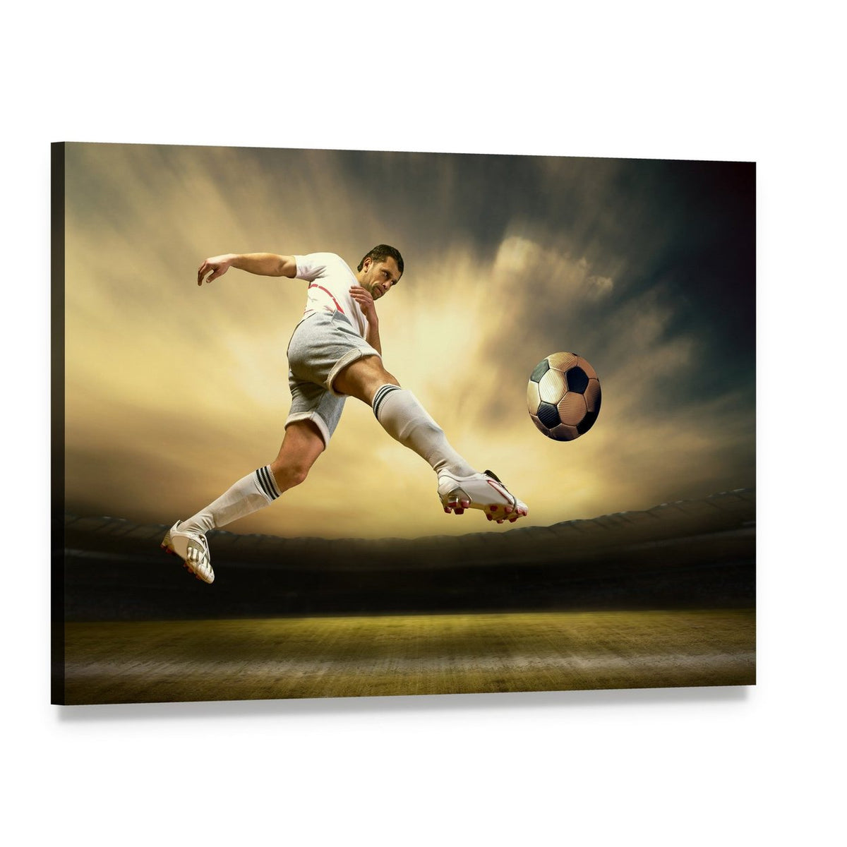 Soccer Player Kicking Ball at Sunset Canvas Wall Art, single panel gallery wrapped canvas, angled product view