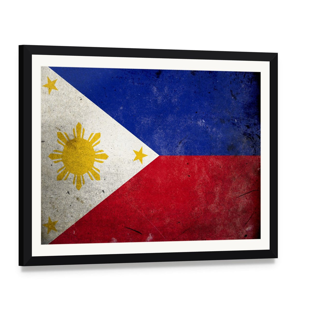 Vintage Philippine Flag with Sun and Stars Canvas Wall Art, framed print with white mat and black frame, angled product view