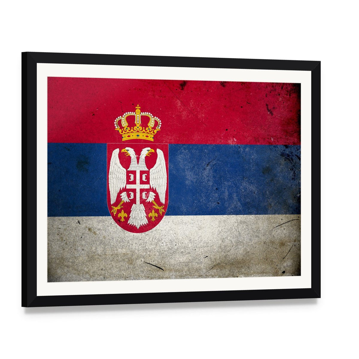 Serbian Flag on Grunge Texture Canvas Wall Art, framed print with white mat and black frame, angled product view