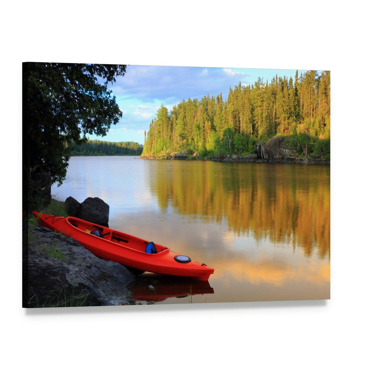 Red Canoe on Rocky Lakeshore at Sunset Canvas Wall Art, single panel gallery wrapped canvas, angled product view