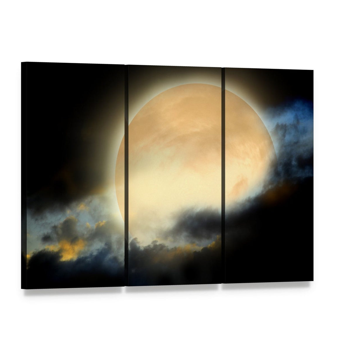 Moon at Night Canvas Wall Art, 3 panel 3 Horizontal layout gallery wrapped canvas set, angled product view