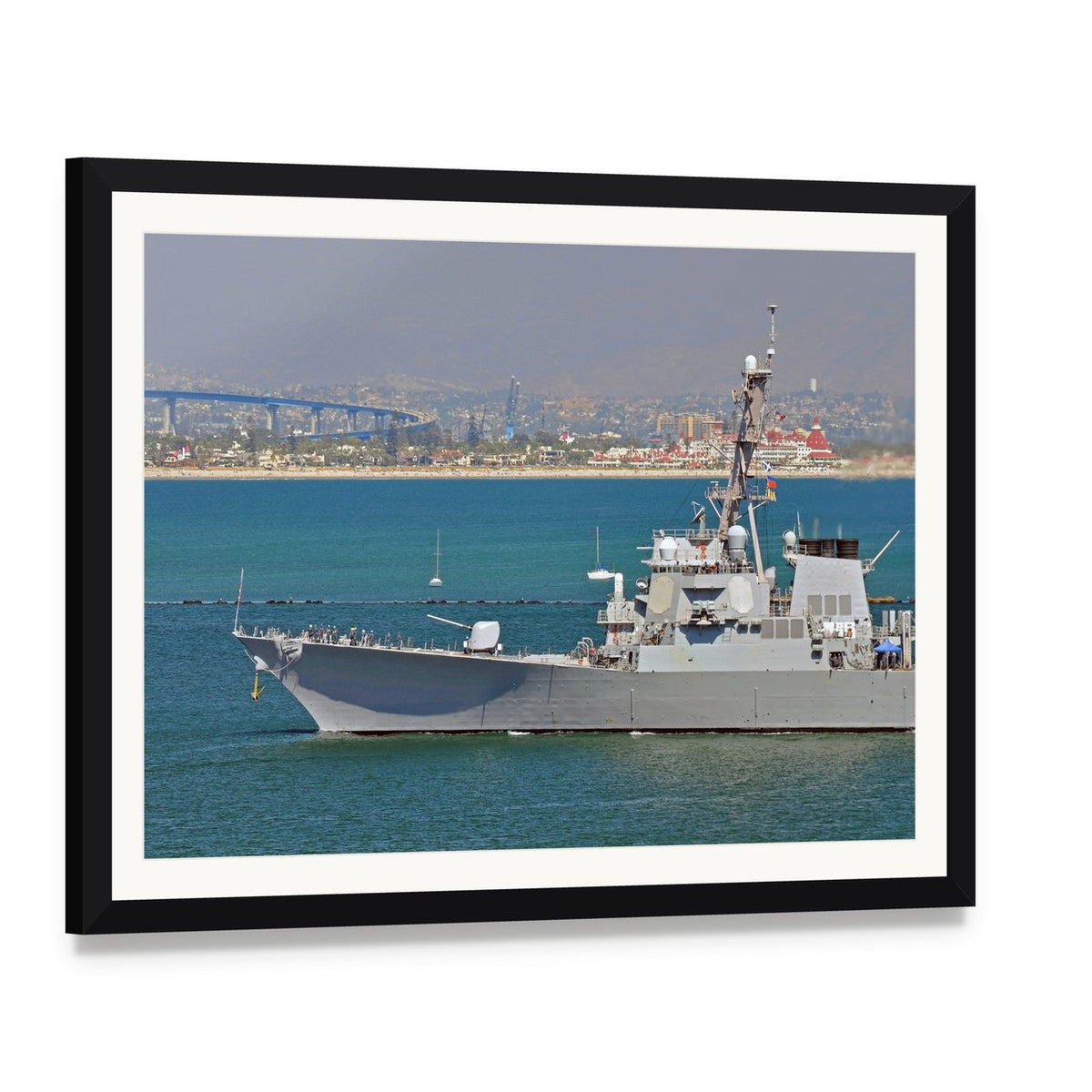 Us Navy Guided Missile Destroyer Canvas Wall Art, framed print with white mat and black frame, angled product view