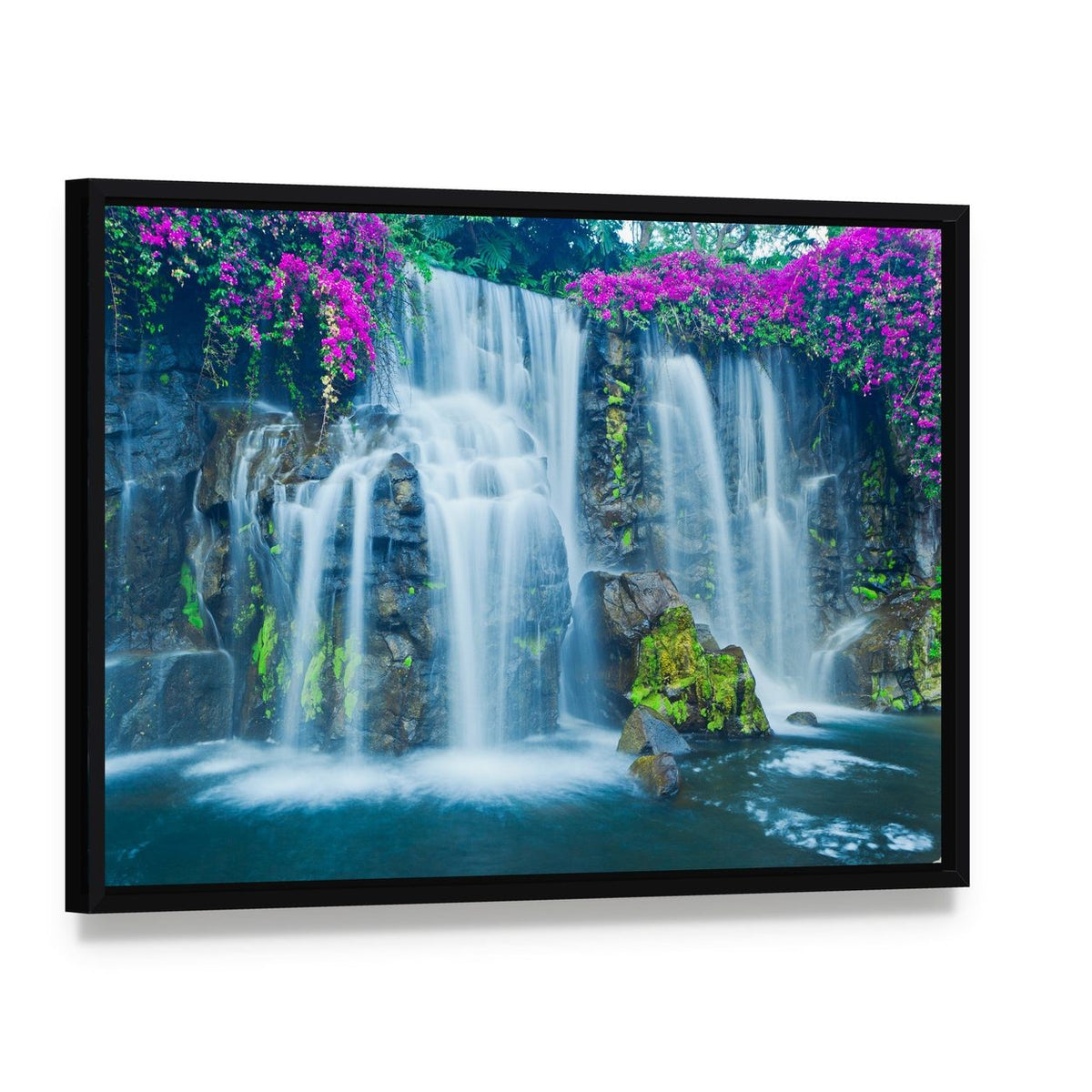 Blue Waterfall in Hawaii Canvas Wall Art, framed canvas in a black floater frame, angled product view