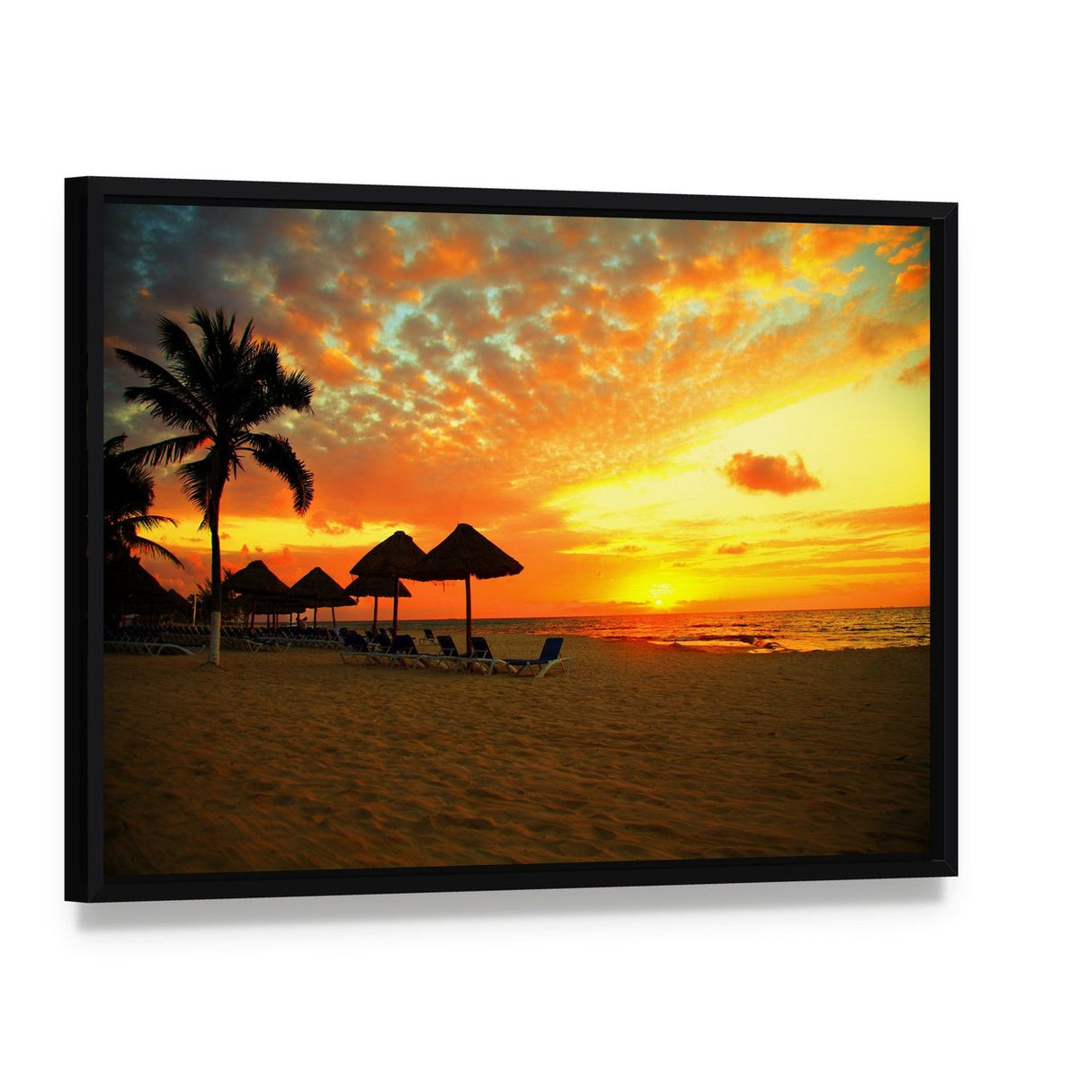 Sunset Scene at Tropical Beach Resort Silhouette Canvas Wall Art, framed canvas in a black floater frame, angled product view
