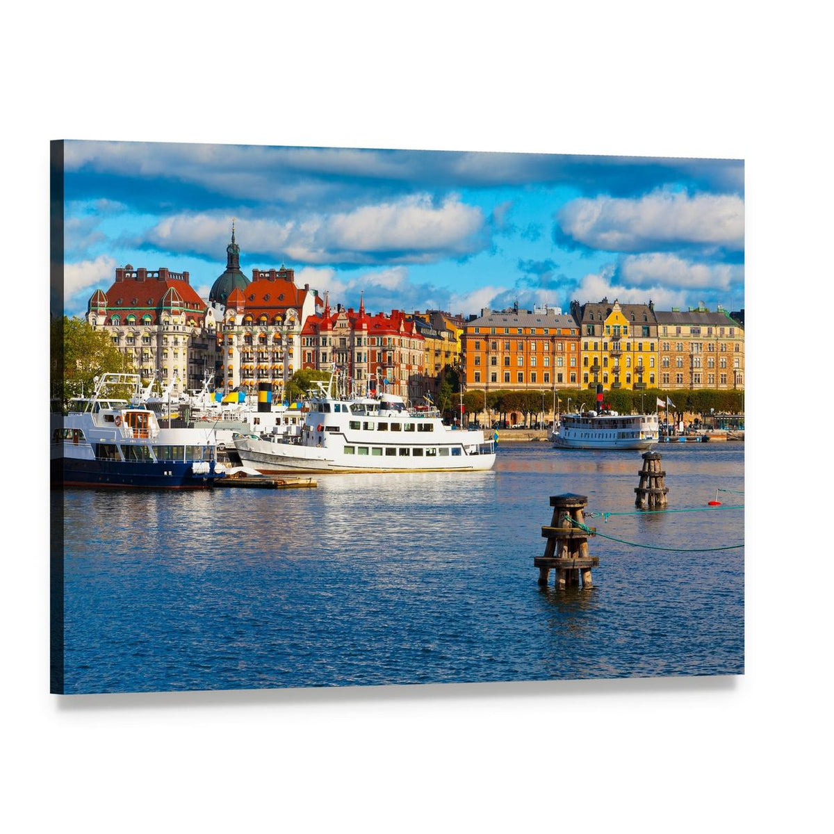 Old Town Harbor with Boats and Domed Building Canvas Wall Art, single panel gallery wrapped canvas, angled product view