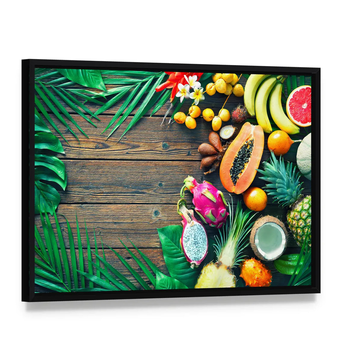 Tropical Fruit Assortment Canvas Wall Art, framed canvas in a black floater frame, angled product view