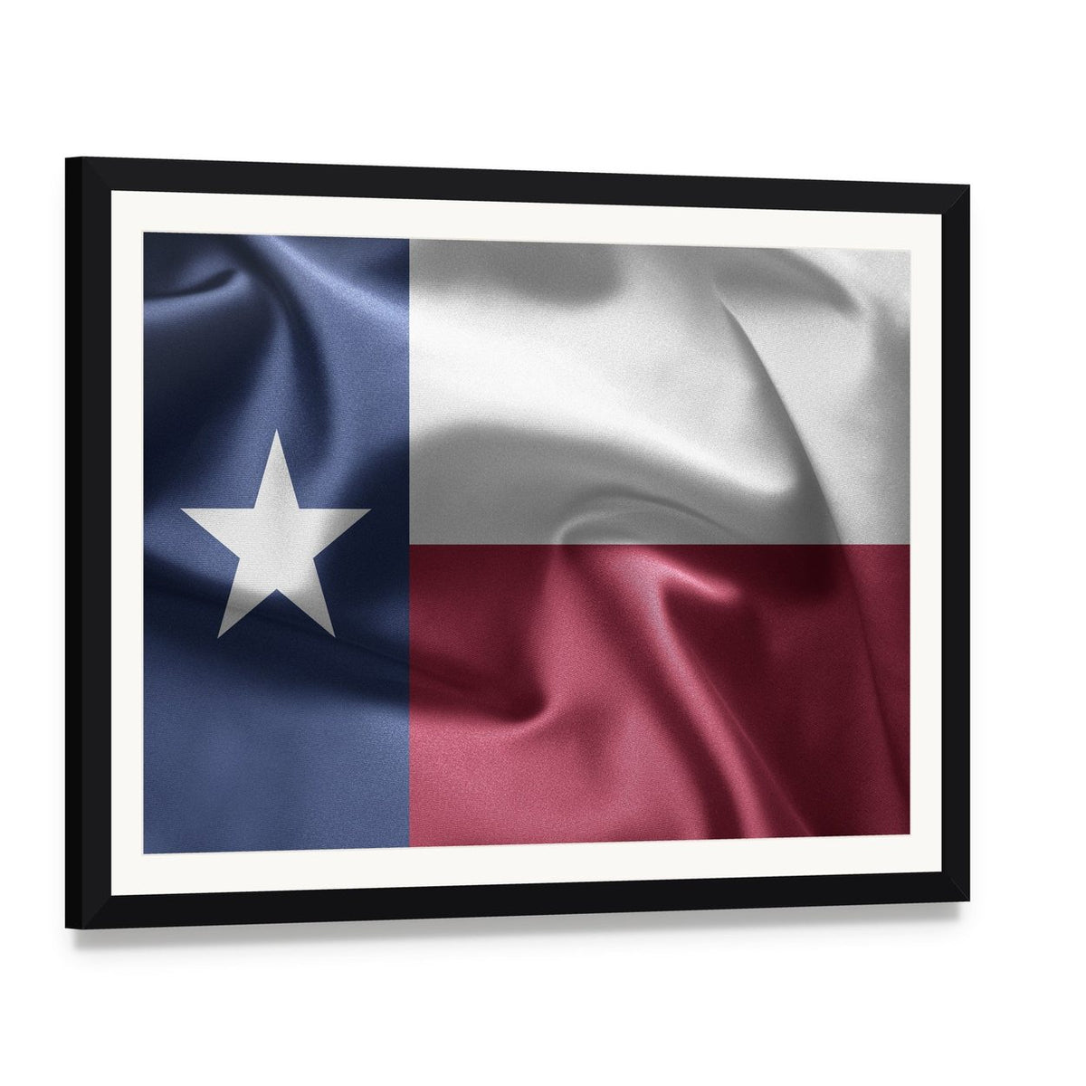 Texas Flag with Diagonal Fold and Fabric Texture Canvas Wall Art, framed print with white mat and black frame, angled product view