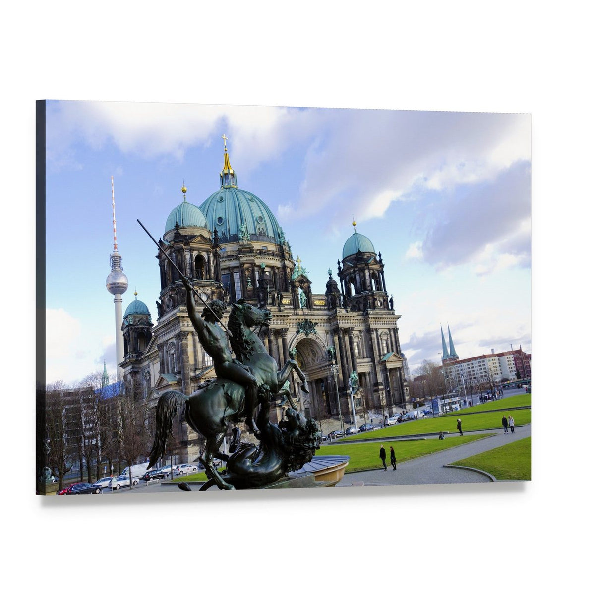 Berliner Dom with Bronze Knight Statue Canvas Wall Art, single panel gallery wrapped canvas, angled product view