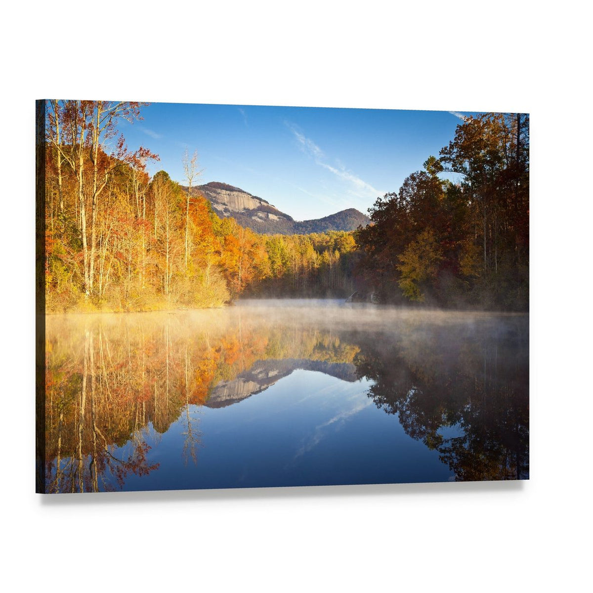 Misty Autumn Sunrise Over Lake Canvas Wall Art, single panel gallery wrapped canvas, angled product view