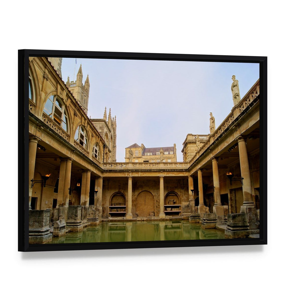 Serene Roman Baths with Gothic Arches Canvas Wall Art, framed canvas in a black floater frame, angled product view