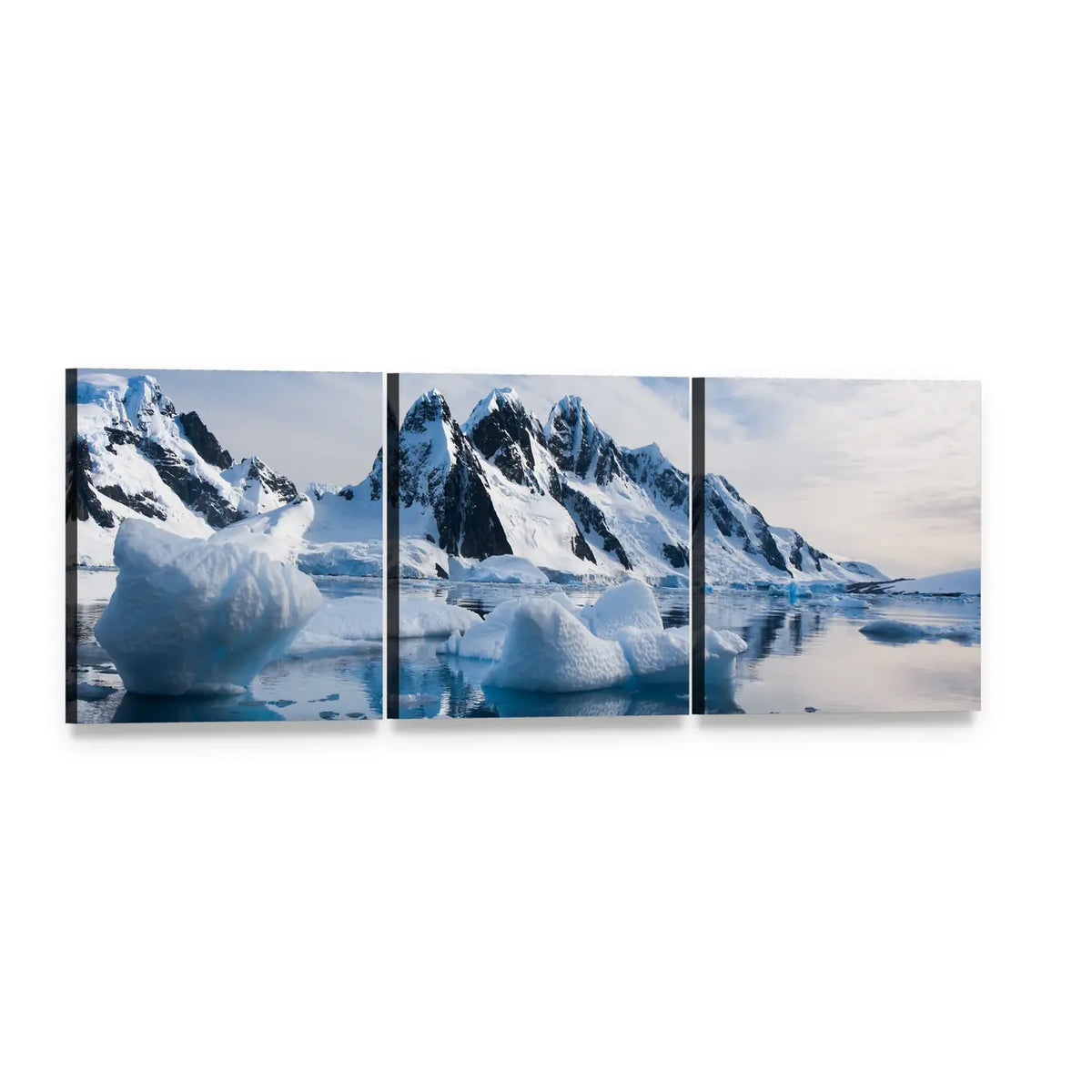 Antarctic Snow-capped Mountains Panoramic Canvas Wall Art, 3 panel 3 Piece layout gallery wrapped canvas set, angled product view