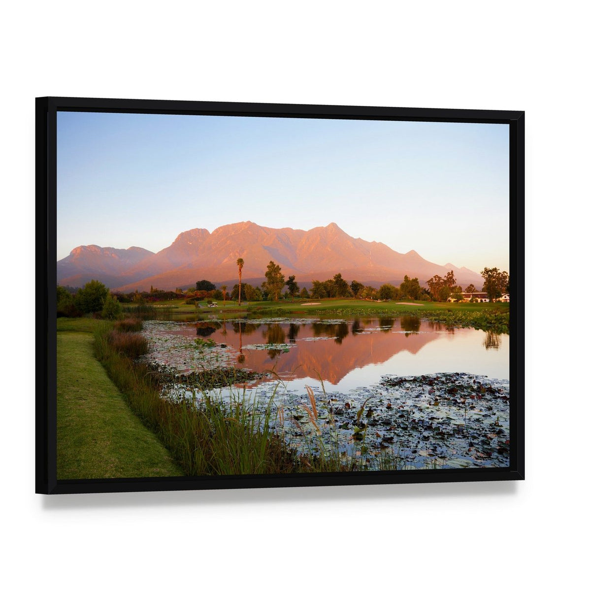 Lake George South Africa Landscape Canvas Wall Art, framed canvas in a black floater frame, angled product view
